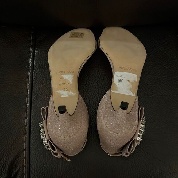 SALE!!! Sergio Rossi Glitterama Blush Pink Gem Logo Strappy Kitten Heel - Picture 8 of 8